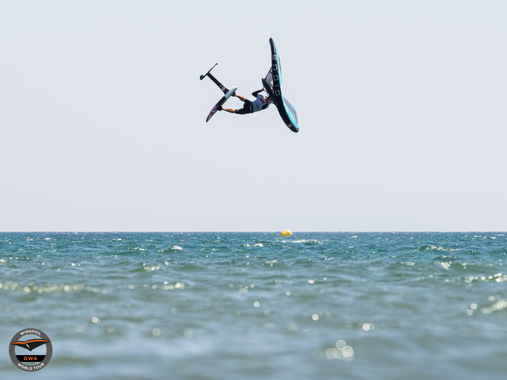 Balz Müller going for a high air at the GWA wing foil world cup Leucate with the ENSIS SPIN. 