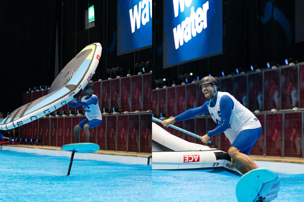 man wing foiling on indoor pool